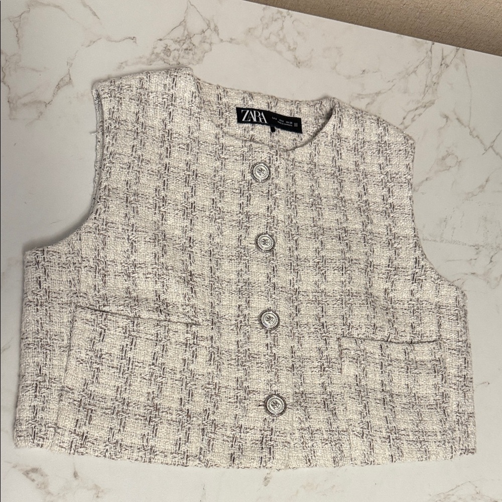 Zara Cream and Gray Tweed Vest